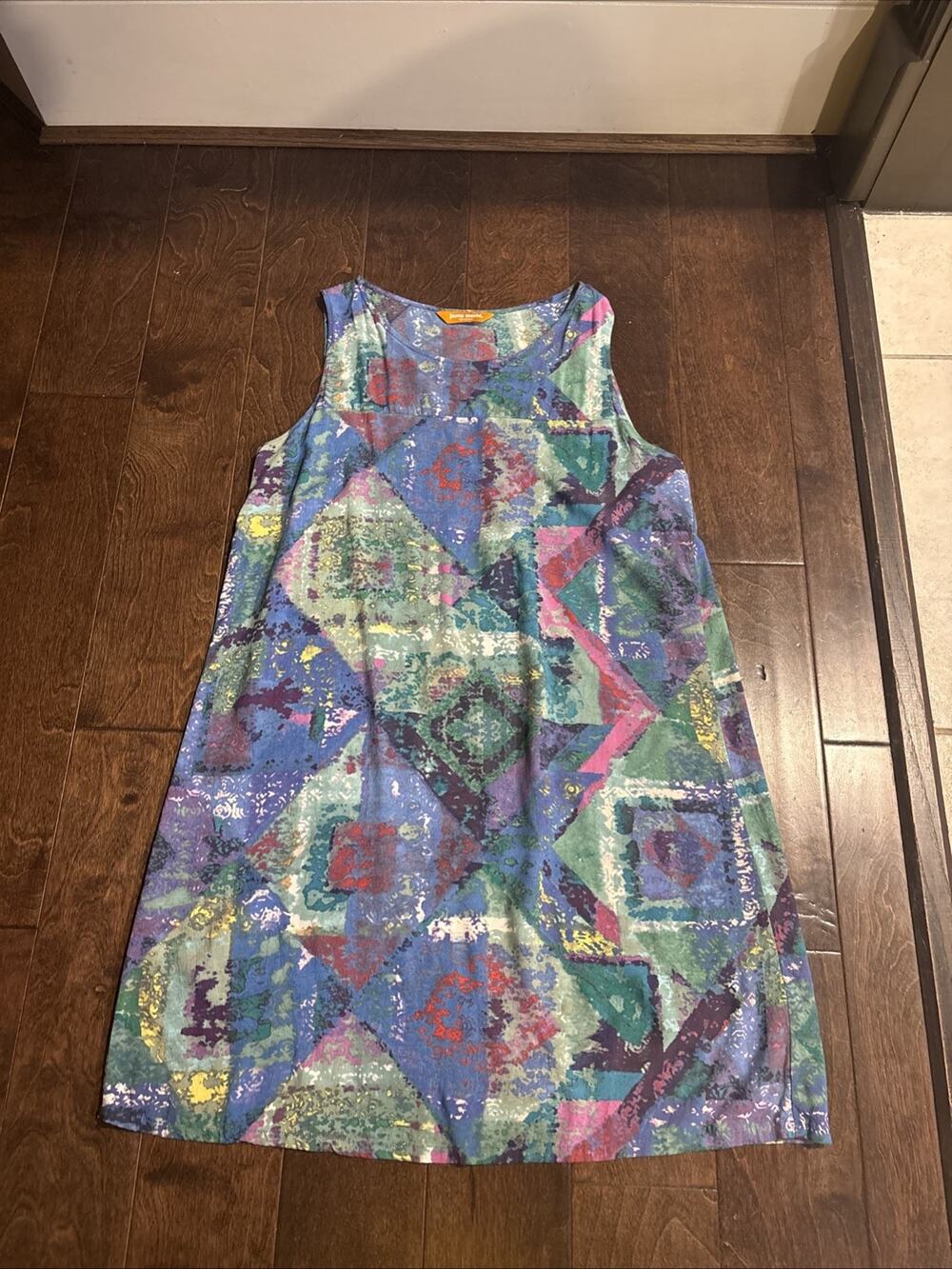 VTG JAMS WORLD Hawaiian Honolulu Abstract Art Dimond Sleeveless Shift Dress L